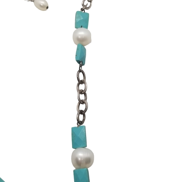 VINTAGE STERLING SILVER CHAIN WITH GENUINE PEARLS & TURQUOISE NECKLACE - Picture 5 of 6